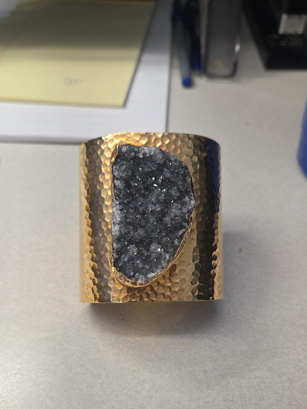 Gold Hammered Cuff Bracelet with Gray Druzy Stone